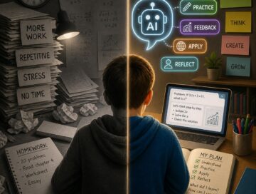 A split scene shows a student sitting at a desk: the left side is dark and cluttered with piles of repetitive homework and stress, while the right side is bright and organized, with a laptop displaying AI-assisted learning tools that emphasize understanding, practice, and reflection.