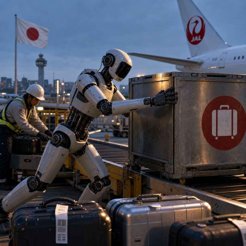 IMAGE: A humanoid robot gestures theatrically toward a luggage container on an airport conveyor belt while a nearby human worker actually activates the system, highlighting the contrast between automation and reality 