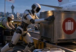 IMAGE: A humanoid robot gestures theatrically toward a luggage container on an airport conveyor belt while a nearby human worker actually activates the system, highlighting the contrast between automation and reality