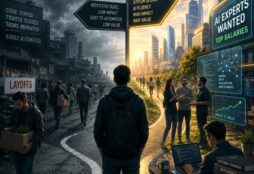 IMAGE: A young developer stands at a crossroads between a dark world of layoffs and automation and a bright AI-driven future filled with opportunity, innovation, and highly paid tech work