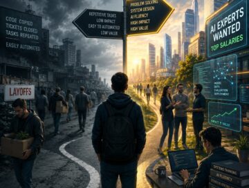 IMAGE: A young developer stands at a crossroads between a dark world of layoffs and automation and a bright AI-driven future filled with opportunity, innovation, and highly paid tech work