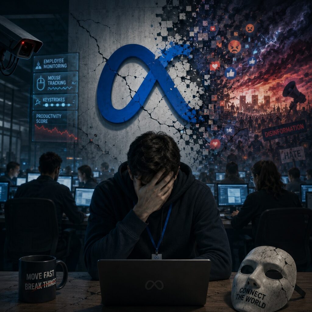 IMAGE: A distressed tech employee sits beneath a cracked Meta symbol while surveillance screens, social-media chaos, and disinformation consume the background around him 