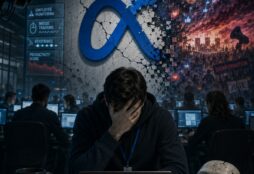 A distressed tech employee sits beneath a cracked Meta symbol while surveillance screens, social-media chaos, and disinformation consume the background around him