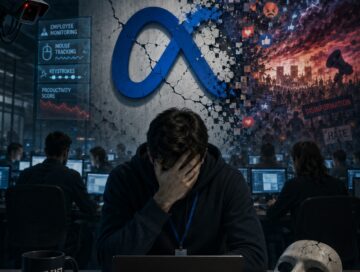 A distressed tech employee sits beneath a cracked Meta symbol while surveillance screens, social-media chaos, and disinformation consume the background around him