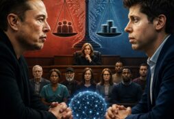 IMAGE: A dramatic courtroom scene showing two opposing figures facing each other across a glowing digital sphere, with a judge and a diverse jury behind them and a symbolic scale balancing people against money, set against a split red-and-blue technological background