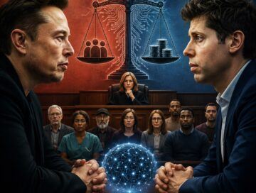 IMAGE: A dramatic courtroom scene showing two opposing figures facing each other across a glowing digital sphere, with a judge and a diverse jury behind them and a symbolic scale balancing people against money, set against a split red-and-blue technological background