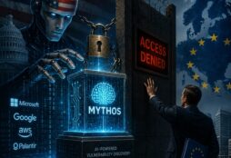 IMAGE: A towering humanoid robot with American flag features controls a glowing AI core behind a locked barrier, while a European figure reaches toward a wall marked "access denied," symbolizing restricted access to critical cybersecurity technology