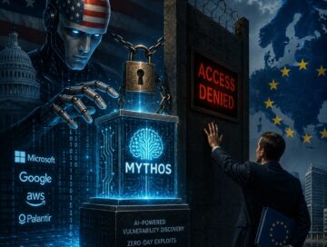 IMAGE: A towering humanoid robot with American flag features controls a glowing AI core behind a locked barrier, while a European figure reaches toward a wall marked "access denied," symbolizing restricted access to critical cybersecurity technology