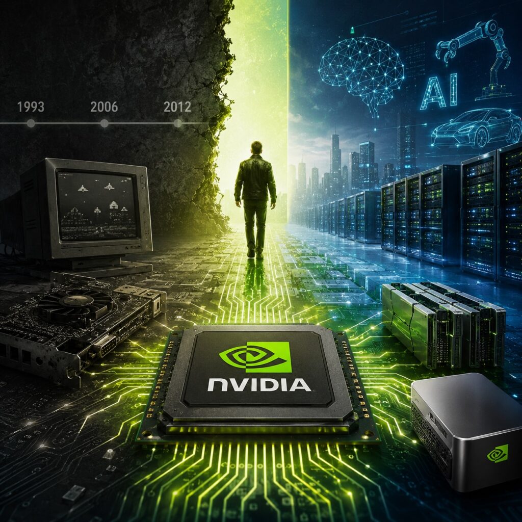 IMAGE: A futuristic illustration showing Nvidia’s evolution from gaming graphics cards to the infrastructure powering artificial intelligence, with glowing data centers, AI symbols and a central chip connecting past and future 