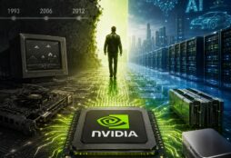 IMAGE: A futuristic illustration showing Nvidia’s evolution from gaming graphics cards to the infrastructure powering artificial intelligence, with glowing data centers, AI symbols and a central chip connecting past and future