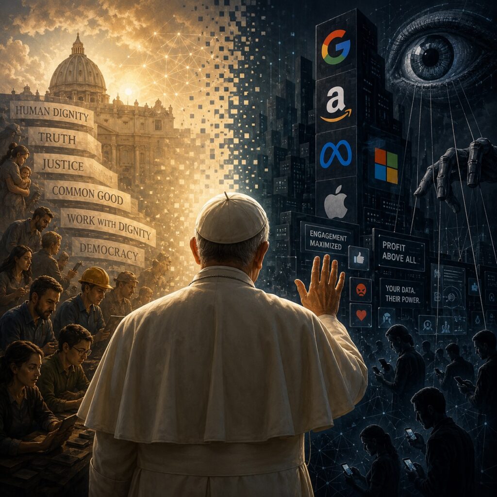IMAGE: A pope stands between a bright vision of human dignity and a dark landscape of powerful tech corporations, symbolizing the tension between moral authority and concentrated technological power