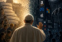 IMAGE: A pope stands between a bright vision of human dignity and a dark landscape of powerful tech corporations, symbolizing the tension between moral authority and concentrated technological power