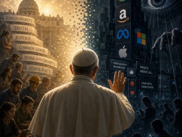 IMAGE: A pope stands between a bright vision of human dignity and a dark landscape of powerful tech corporations, symbolizing the tension between moral authority and concentrated technological power