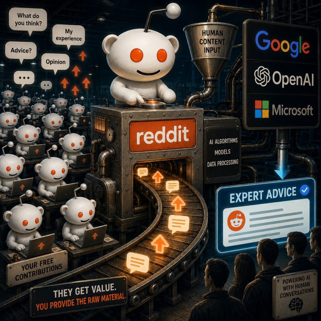IMAGE: A factory scene where Reddit users’ posts are turned into “expert advice” powering AI systems used by major tech companies 