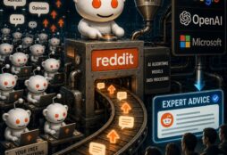 IMAGE: A factory scene where Reddit users’ posts are turned into “expert advice” powering AI systems used by major tech companies