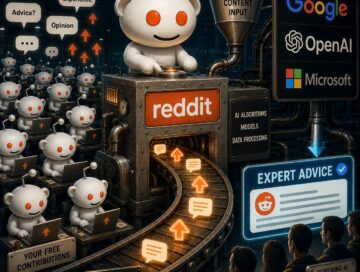 IMAGE: A factory scene where Reddit users’ posts are turned into “expert advice” powering AI systems used by major tech companies