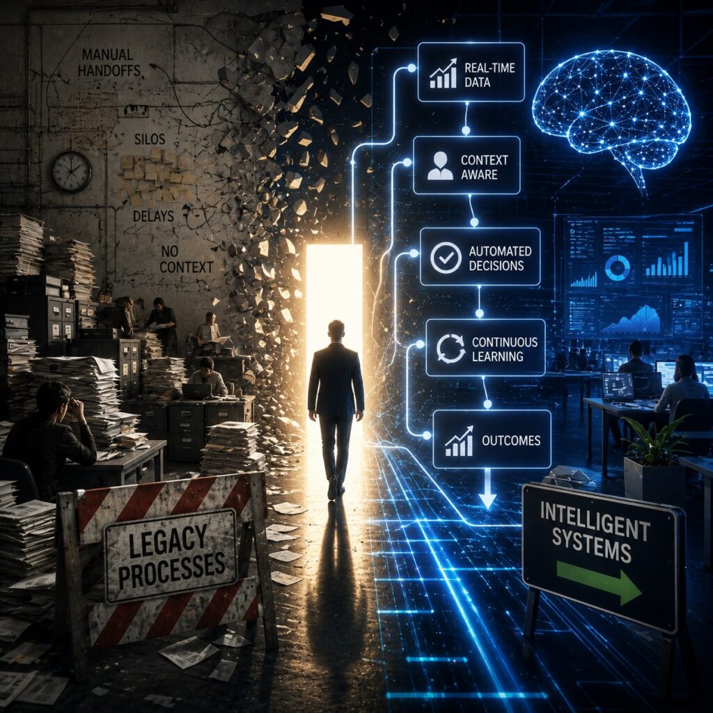IMAGE: A person walks from a chaotic, paper-filled office into a bright, futuristic space where AI systems organize data and decisions, symbolizing the shift from outdated processes to intelligent workflows