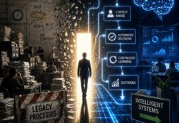 IMAGE: A person walks from a chaotic, paper-filled office into a bright, futuristic space where AI systems organize data and decisions, symbolizing the shift from outdated processes to intelligent workflows