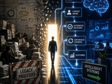IMAGE: A person walks from a chaotic, paper-filled office into a bright, futuristic space where AI systems organize data and decisions, symbolizing the shift from outdated processes to intelligent workflows