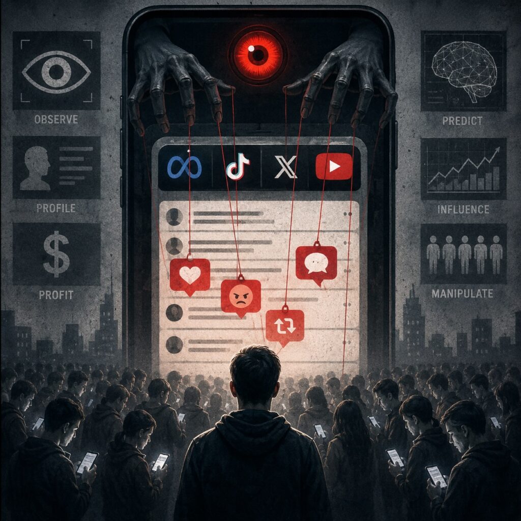 IMAGE: A crowd of people stare at their phones while a giant smartphone looms above them, controlled by puppet-like hands and a glowing eye, symbolizing surveillance and manipulation 