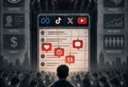 IMAGE: A crowd of people stare at their phones while a giant smartphone looms above them, controlled by puppet-like hands and a glowing eye, symbolizing surveillance and manipulation