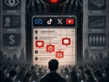 IMAGE: A crowd of people stare at their phones while a giant smartphone looms above them, controlled by puppet-like hands and a glowing eye, symbolizing surveillance and manipulation