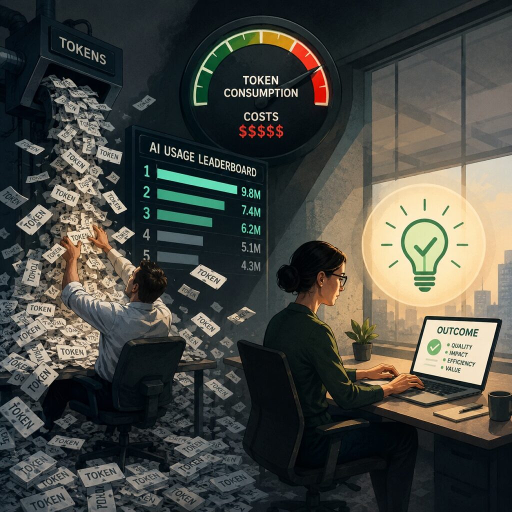 IMAGE: A split-screen office scene contrasts a worker obsessively generating AI tokens to climb a leaderboard with a professional quietly producing valuable outcomes, illustrating the difference between activity and productivity
