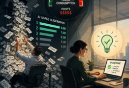 IMAGE: A split-screen office scene contrasts a worker obsessively generating AI tokens to climb a leaderboard with a professional quietly producing valuable outcomes, illustrating the difference between activity and productivity