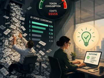 IMAGE: A split-screen office scene contrasts a worker obsessively generating AI tokens to climb a leaderboard with a professional quietly producing valuable outcomes, illustrating the difference between activity and productivity