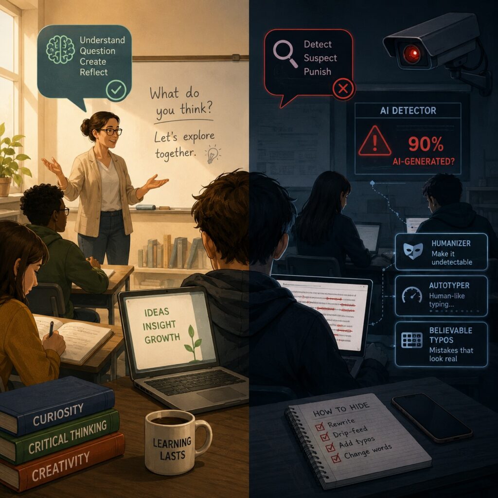 IMAGE: A classroom divided between warm, personalized learning and cold AI surveillance, showing how education can either foster curiosity or become a futile detection arms race