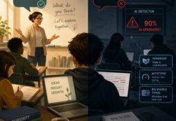 IMAGE: A classroom divided between warm, personalized learning and cold AI surveillance, showing how education can either foster curiosity or become a futile detection arms race