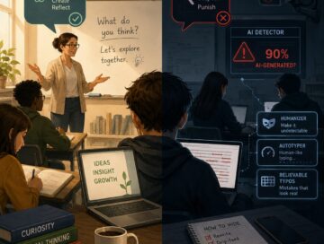 IMAGE: A classroom divided between warm, personalized learning and cold AI surveillance, showing how education can either foster curiosity or become a futile detection arms race