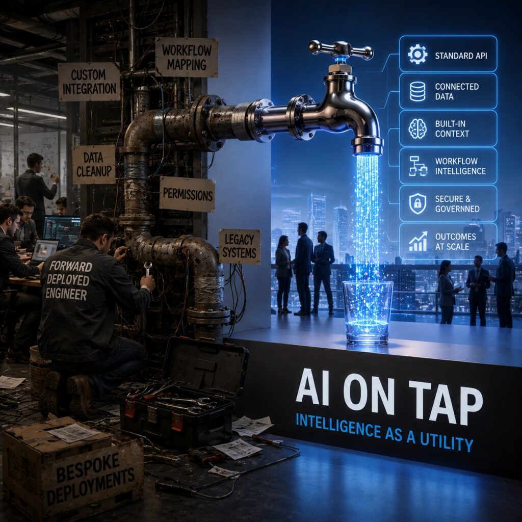 IMAGE: A split scene shows engineers manually fixing complex AI infrastructure on one side, while on the other a futuristic faucet pours glowing digital intelligence into a glass, symbolizing the transition from bespoke AI deployments to scalable platforms 