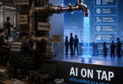 IMAGE: A split scene shows engineers manually fixing complex AI infrastructure on one side, while on the other a futuristic faucet pours glowing digital intelligence into a glass, symbolizing the transition from bespoke AI deployments to scalable platforms