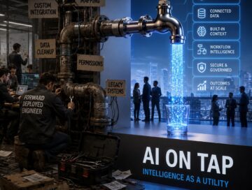 IMAGE: A split scene shows engineers manually fixing complex AI infrastructure on one side, while on the other a futuristic faucet pours glowing digital intelligence into a glass, symbolizing the transition from bespoke AI deployments to scalable platforms
