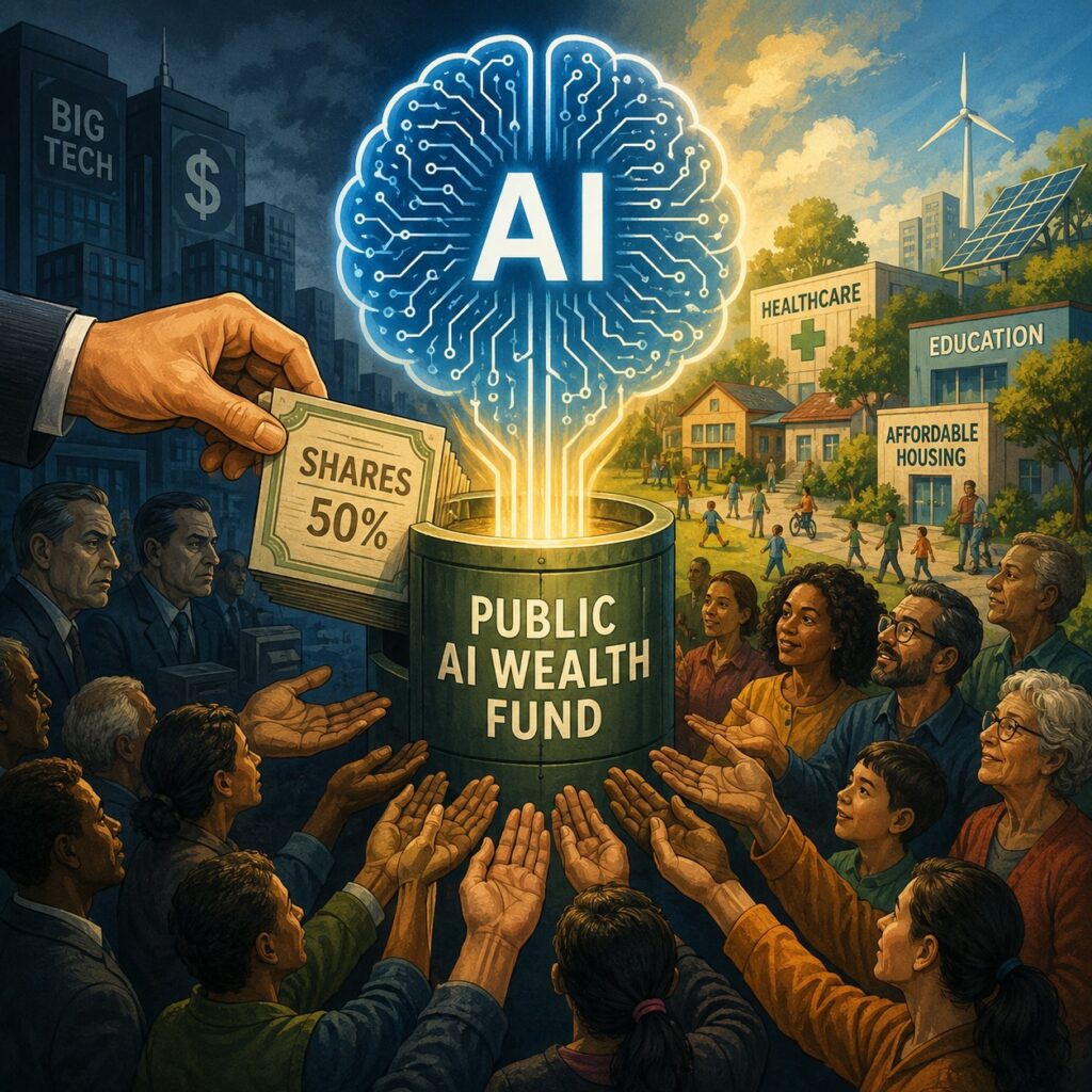 IMAGE: A glowing AI brain rises from a public wealth fund, surrounded by citizens, corporate towers, and public services