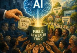 IMAGE: A glowing AI brain rises from a public wealth fund, surrounded by citizens, corporate towers, and public services