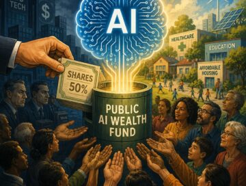 IMAGE: A glowing AI brain rises from a public wealth fund, surrounded by citizens, corporate towers, and public services