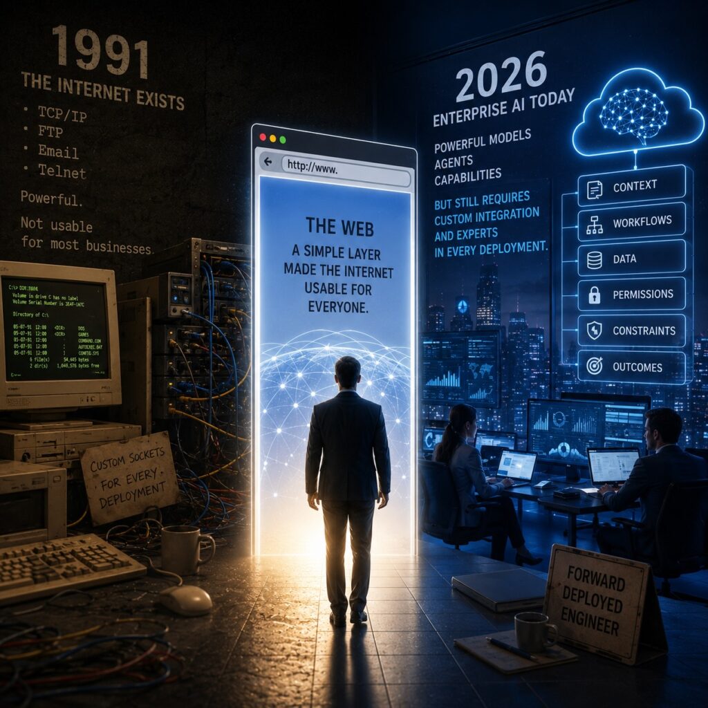 IMAGE: A split scene compares the early internet era of 1991 with modern enterprise AI, showing a person standing between old computer networks and a futuristic AI-powered workplace, symbolizing a missing layer needed to make AI broadly usable