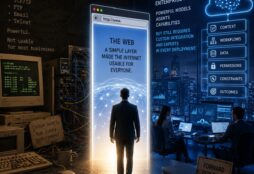 IMAGE: A split scene compares the early internet era of 1991 with modern enterprise AI, showing a person standing between old computer networks and a futuristic AI-powered workplace, symbolizing a missing layer needed to make AI broadly usable