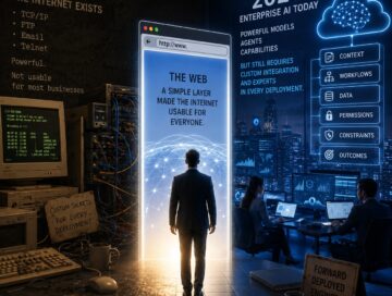 IMAGE: A split scene compares the early internet era of 1991 with modern enterprise AI, showing a person standing between old computer networks and a futuristic AI-powered workplace, symbolizing a missing layer needed to make AI broadly usable