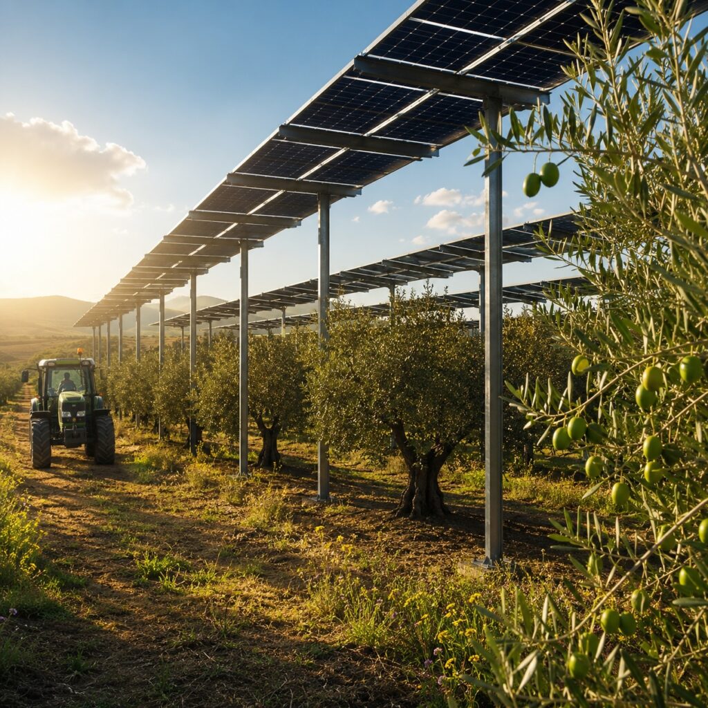IMAGE: Elevated solar panels cast partial shade over an olive grove as a tractor moves between the trees, illustrating the combination of agriculture and solar energy on the same land 