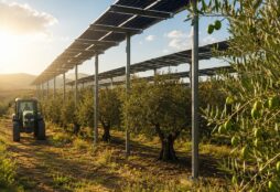 IMAGE: Elevated solar panels cast partial shade over an olive grove as a tractor moves between the trees, illustrating the combination of agriculture and solar energy on the same land