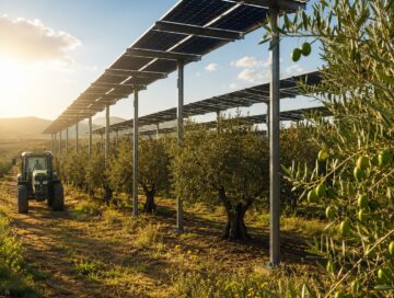 IMAGE: Elevated solar panels cast partial shade over an olive grove as a tractor moves between the trees, illustrating the combination of agriculture and solar energy on the same land