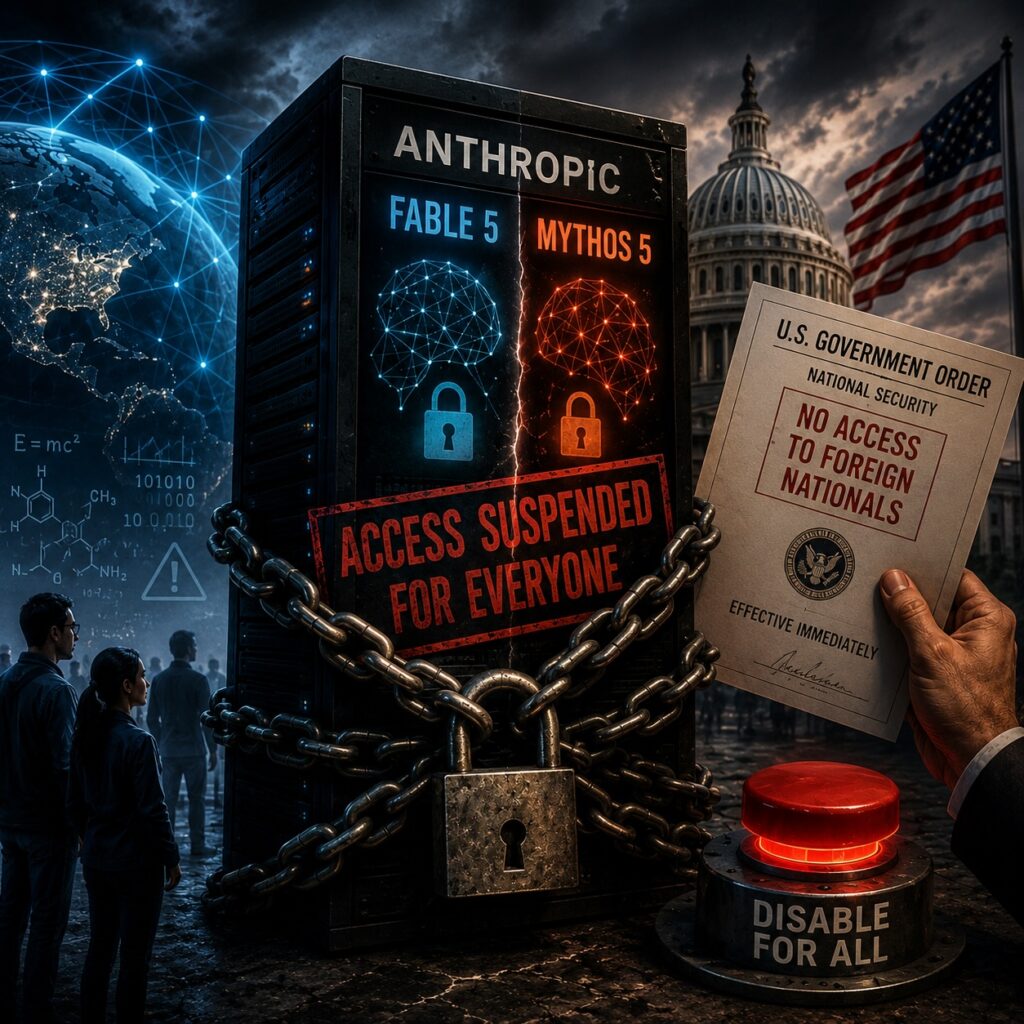 IMAGE: A chained AI supercomputer stands between a connected world and the U.S. Capitol as government orders abruptly shut off access to advanced artificial intelligence