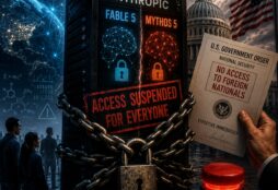 A chained AI supercomputer stands between a connected world and the U.S. Capitol as government orders abruptly shut off access to advanced artificial intelligence