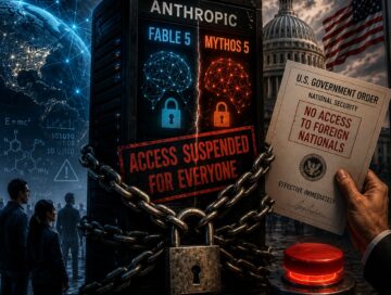 A chained AI supercomputer stands between a connected world and the U.S. Capitol as government orders abruptly shut off access to advanced artificial intelligence