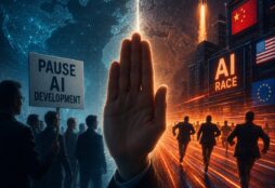 IMAGE: A giant stop hand tries to halt a global AI race as competitors sprint toward technological dominance under the flags of major world powers