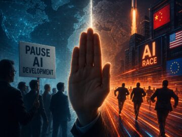 IMAGE: A giant stop hand tries to halt a global AI race as competitors sprint toward technological dominance under the flags of major world powers