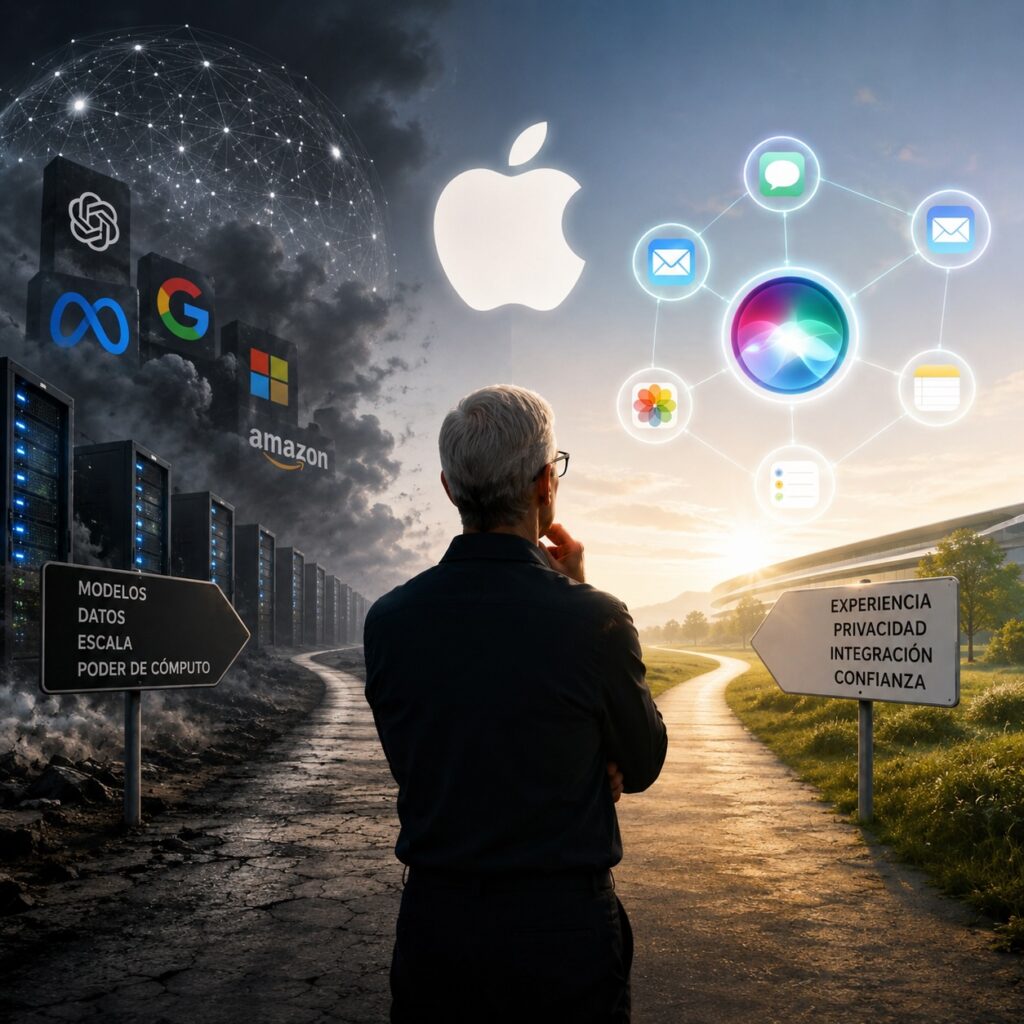 IMAGE: A lone Tim Cook stands at a crossroads beneath a glowing Apple logo, facing a choice between a privacy-focused path and a fast-moving AI-powered future dominated by major technology companies 
